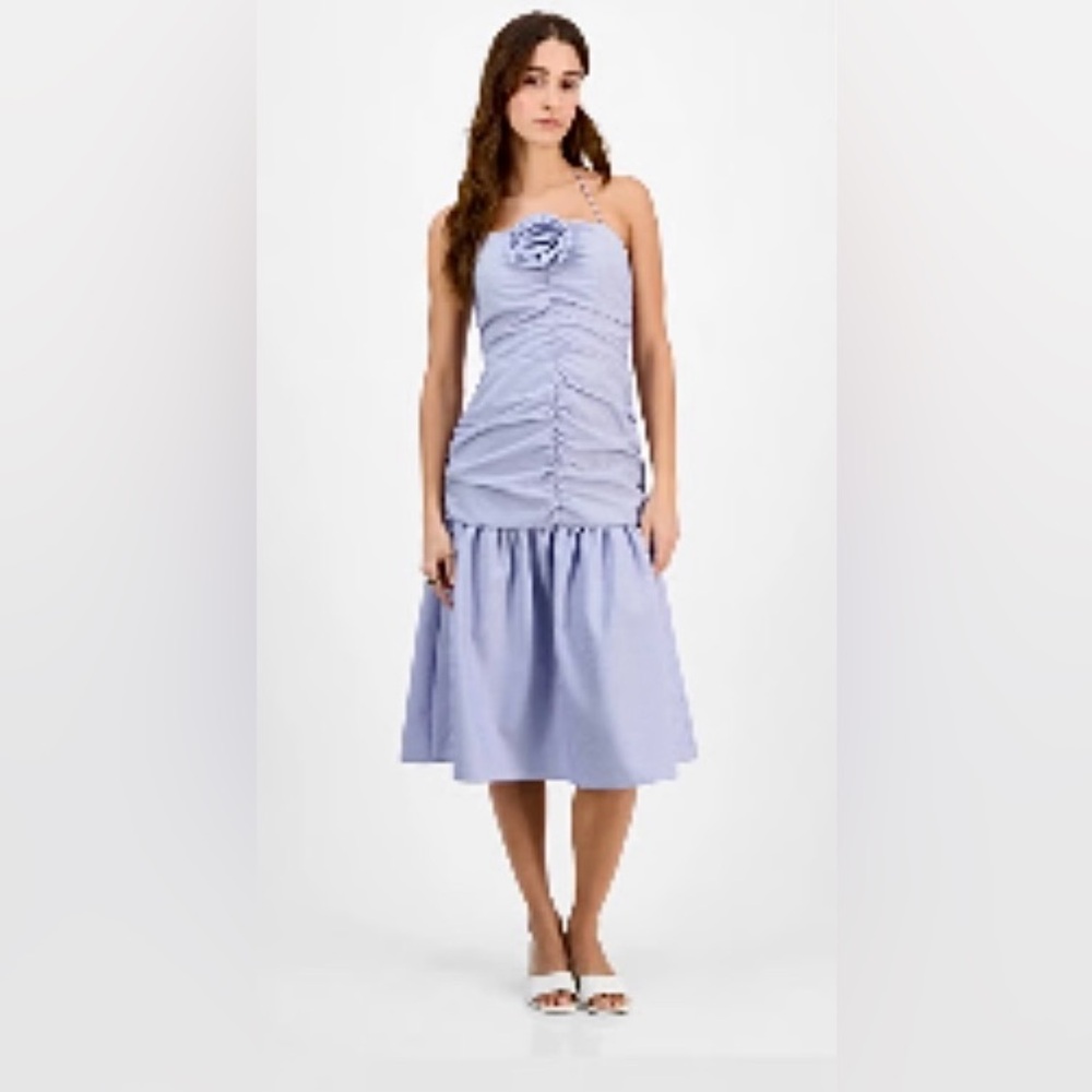 Fourteenth Place Striped Rosette-Trim Dropped-Waist Midi Dress